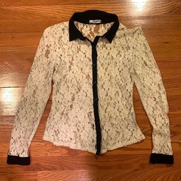 Tops Small Lace Button Up Shirt With Black Piping Poshmark